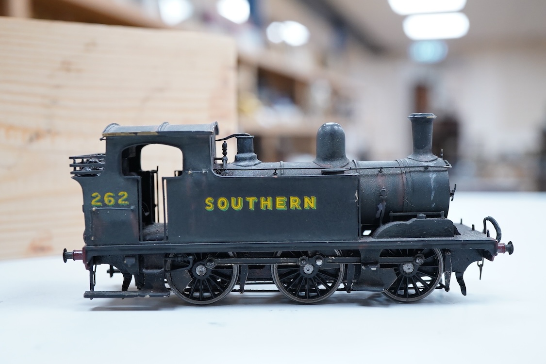 An EM gauge scratch built model railway locomotive by John Worsley, a Southern Railway Adams G6 0-6-0T, 262, a highly detailed model with opening smoke box door showing the details of the blast pipe and boiler tube ends,